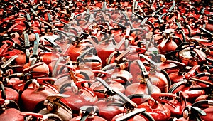 The fire extinguisher used. background with a lot of fire extinguishers