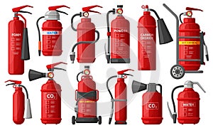 Fire extinguishers, firefighting, fire protection, safety extinguisher equipment. Flame fighting safety equipment vector