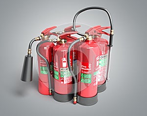 Fire extinguishers isolated on grey background Various types of