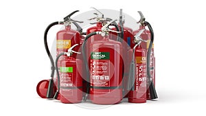 Fire extinguishers isolated on white background. Various types of extinguishers. 3d animation