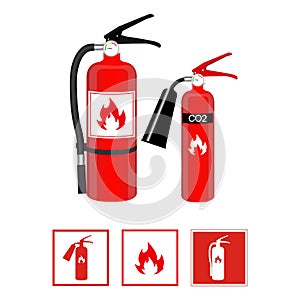 Fire extinguishers in realistic style and flat signs isolated on white background. Vector illustration.