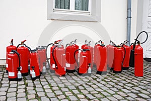 A row of fire extinguishers