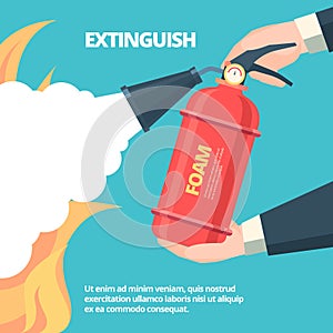 Fire extinguishing illustration. Hands holding autonomous red fire extinguisher foam spills onto fire with bell safety