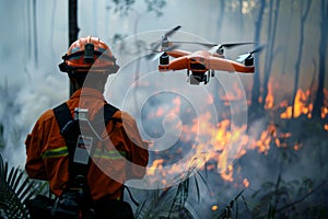 fire fighter controlling drone in fire forest, smart IOT concept. ai generative