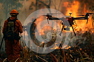 fire fighter controlling drone in fire forest, smart IOT concept. ai generative