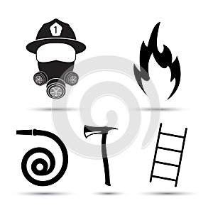 Fire fighter equipment icons vector set on white background