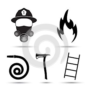 Fire fighter equipment icons vector set on white background photo