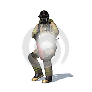 Fire fighter with fire extinguisher on white background