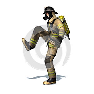 Fire fighter kicks the door open on white background