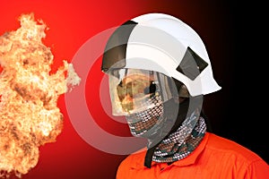 Fire fighter on oil and gas industry, successful firefighter at work , Fire suit for fighter with fire and suit for protect fire