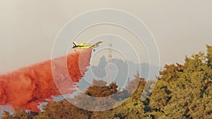 Fire fighter plane drops fire retardant on a forest fire in the hills