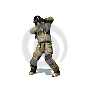 Fire fighter retreats from flame on white background