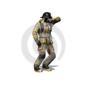 Fire fighter retreats from flame on white background