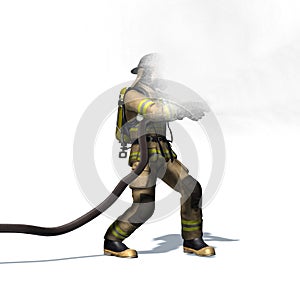 Fire fighter with water hose on white background