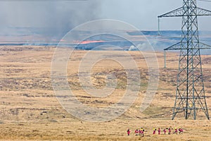 Fire fighters dealing with a large grassfire on an upland moors in Wales