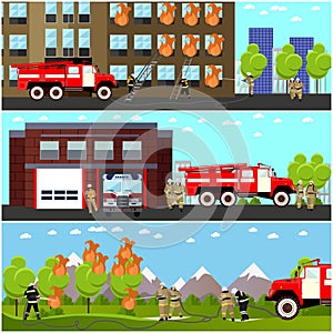 Fire fighting department horizontal banners vector set. Station and firefighters.