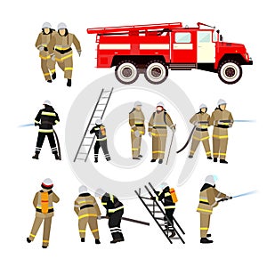 Fire fighting department vector set. Station and firefighters.