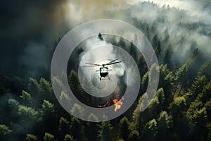 Fire fighting helicopter, big wildfire in a pine forest, arial view