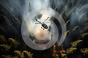 Fire fighting helicopter, big wildfire in a pine forest, arial view