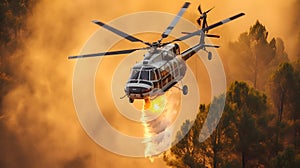 Fire fighting helicopter carry water bucket to extinguish the forest fire