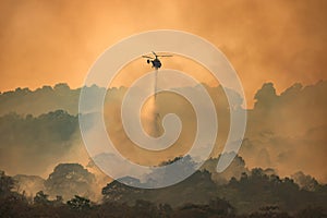 Fire fighting helicopter dropping water onto wildfire