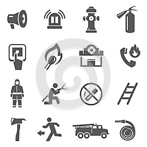 Fire fighting icon set, firefighter job and professional equipment