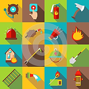 Fire fighting icons set, flat style