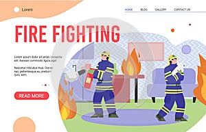 Fire fighting services website page with firefighters flat vector illustration.