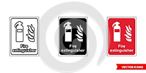 Fire fighting sign fire extinguisher icon of 3 types color, black and white, outline. Isolated vector sign