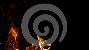 Fire in fireplace. Burning fire. Blaze fire flame on black, overlay design. Burning concept. Blaze flames overlay