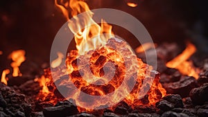 fire in the fireplace A close up image of a burning coal with flames and smoke in a dark background.