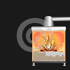 Fire in the fireplace. Modern metal fireplace with a grate made of metal elements, with a firewood tray