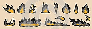 Fire flame. Black, light and orange color. Set of vector icons