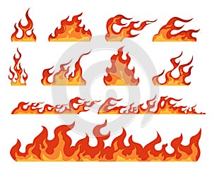 Fire flame. Cartoon bonfire and fiery borders decorative elements. Red and orange blaze, warning signs of flammable