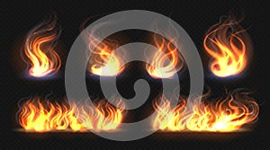 Fire flame effect. Realistic burning line on black background, transparent hot orange light effects. Vector candlelight