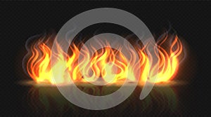Fire flame effect with smoke. Horizontal reflection smoke and sparks. Realistic burning fire flame. Hot orange light