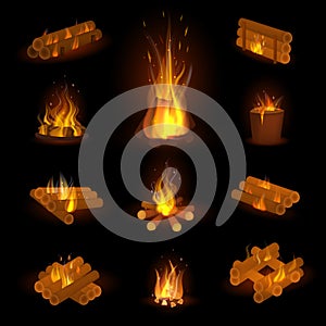 Fire flame or firewood fired flaming bonfire in fireplace and flammable campfire illustration fiery or flamy set with