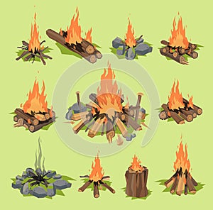 Fire flame or firewood outdoor travel bonfire vector fired flaming fireplace and flammable campfire illustration fiery