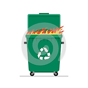 Fire flame in the garbage can isolated on white background. Harm to nature and people. Ecology concept.