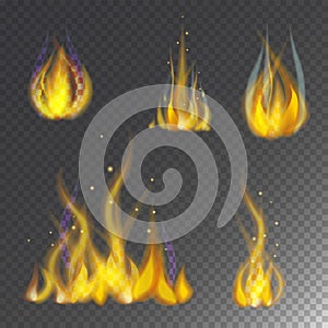 Fire flame hot burn vector icon warm danger and cooking yellow bonfire light blazing campfire.