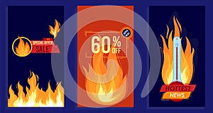 Fire flame hot summer sale vector illustration, cartoon flat flaming design promotion template collection of vertical