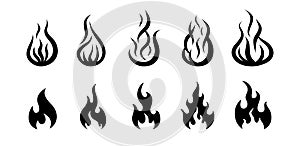 Fire flame icons. Flame of fire silhouettes. Symbol of hot, flammable, burn, heat. Silhouette of campfire for warning sign,