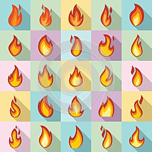 Fire flame icons set, flat style