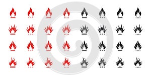 Fire or flame icons set. Red and black fire icons. Vector scalable graphics