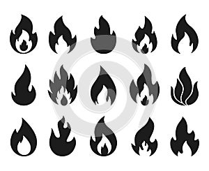 Fire flame icons. Simple burning campfire silhouette symbols, hot chile sauce, bonfire shape. Set of fire and flame