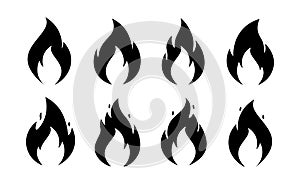 Fire flame icons. Vector simple burning campfire silhouette symbols, hot chile sauce, bonfire shape. Set of fire logos