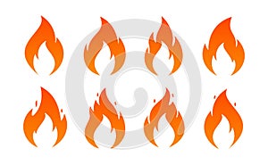 Fire flame icons. Vector simple burning campfire silhouette symbols, hot chile sauce, bonfire shape. Set of fire logos