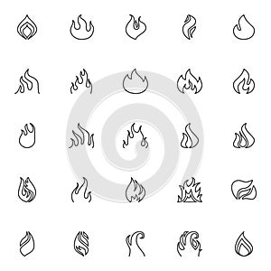 Fire flame line icons set