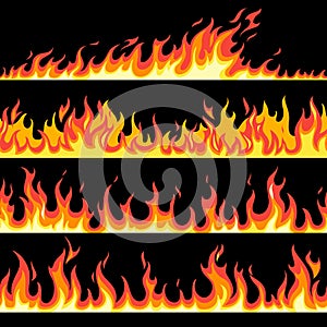 Fire flame seamless pattern set. Bright cartoon endless frames and borders, flaming background collection, creative