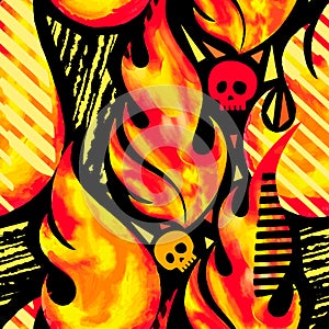 Fire flame seamless pattern.Textile ink brush strokes